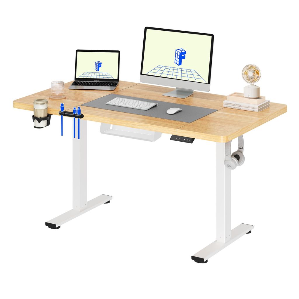FLEXISPOT QE1 Höhenverstellbarer Schreibtisch 120x60cm, 4 Memory-Funktion, Antikollisionsschutz, 70kg Tragkraft, Haken, Kabelmanagement (Ahorn)