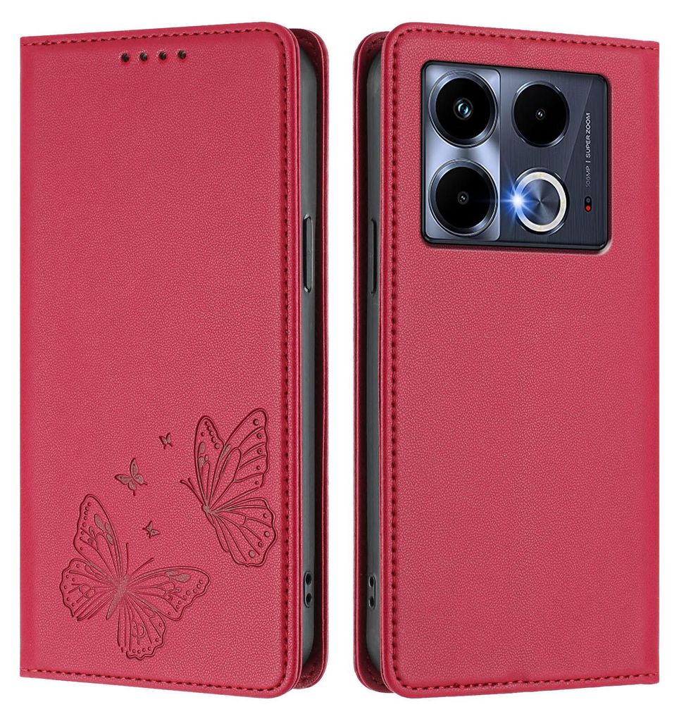 Lederhülle für Infinix Note 40 5G, Schmetterling Prägung Leder Brieftasche Schutzhülle mit Ständer Rot
