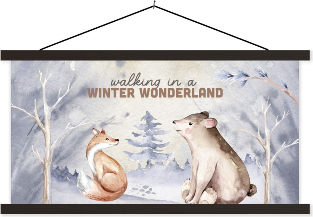 MuchoWow Textilposter Winter - Fuchs - Schnee - Bär 150x75 cm mit schwarzem Rahmen - Posterleiste
