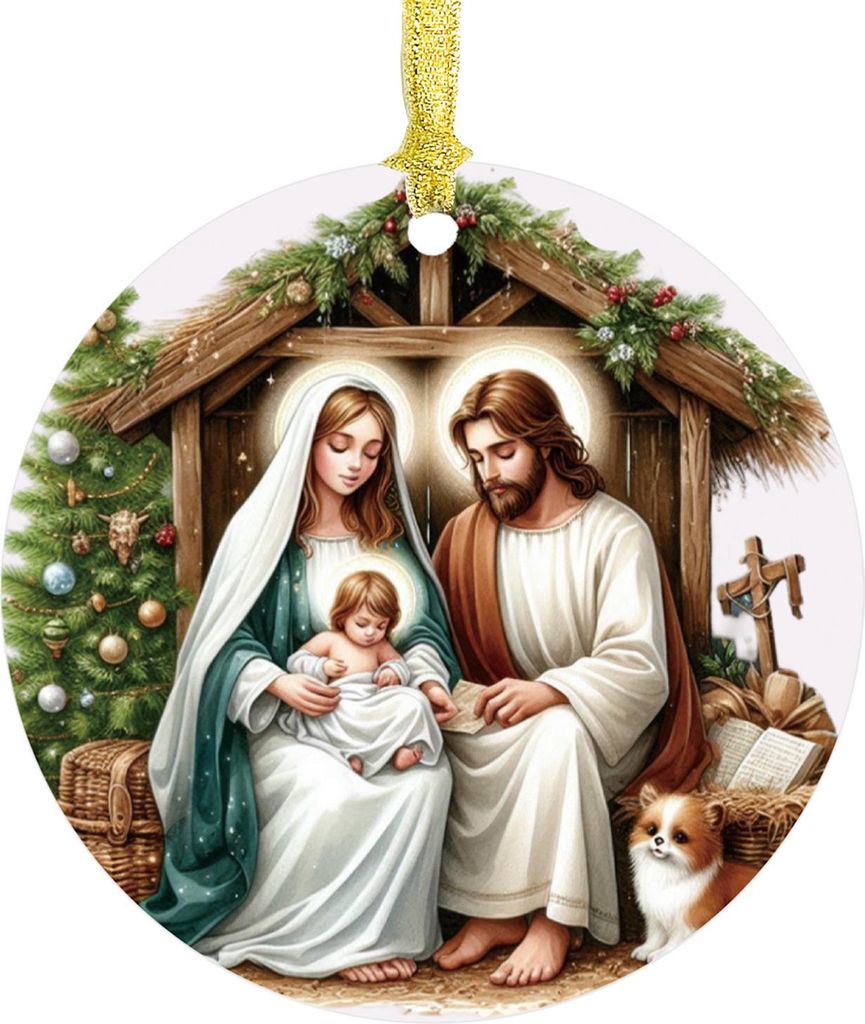 Runde Acryl-Weihnachtsbaumkugel „Geburt Jesu Christi“ – Religiöse Weihnachtsdekoration für den Weihnachtsbaum (Winter)