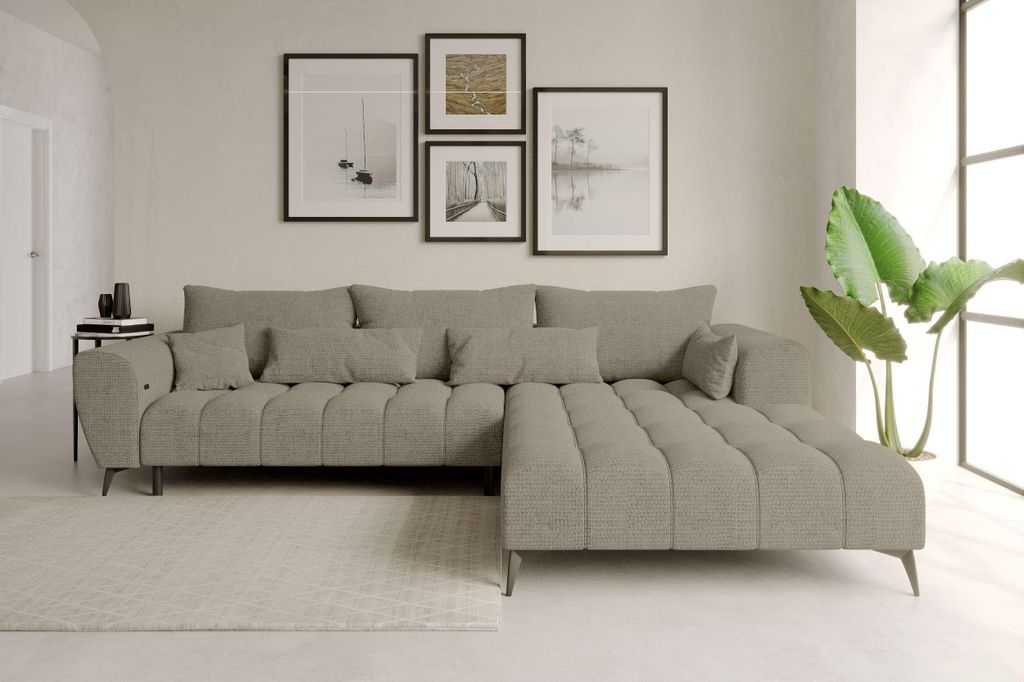 99rooms Ferrano Ecksofa Chenille EDEN Cappuccino Rechts mit Sitztiefenverstellung
