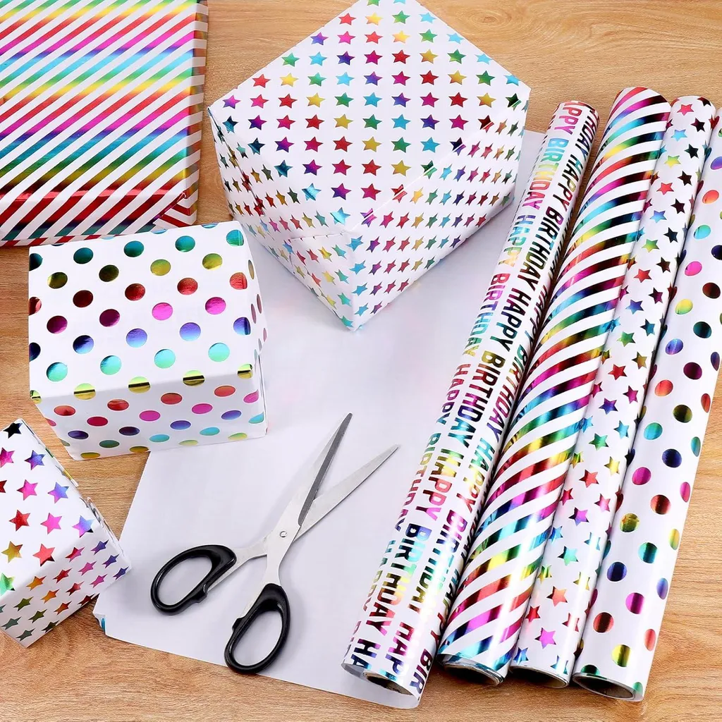 Rouleaux de papier cadeau anniversaire arc-en-ciel - Lot de 4 x 3m