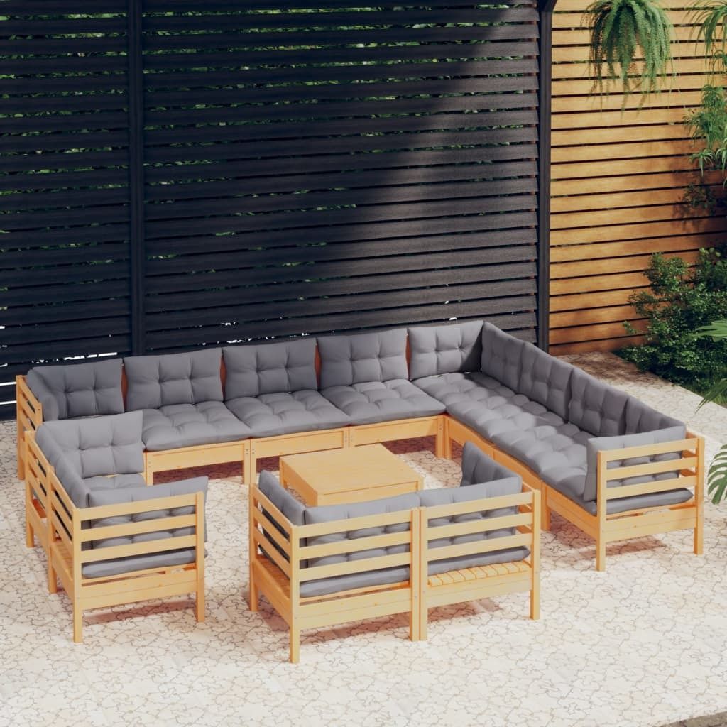 "Rabatt" 13-tlg. Garten-Lounge-Set - Wetterfestes Sitzgruppe - für 2 Personen - mit Grauen Kissen Massivholz Kiefer - Lounge-Dining set CC3478