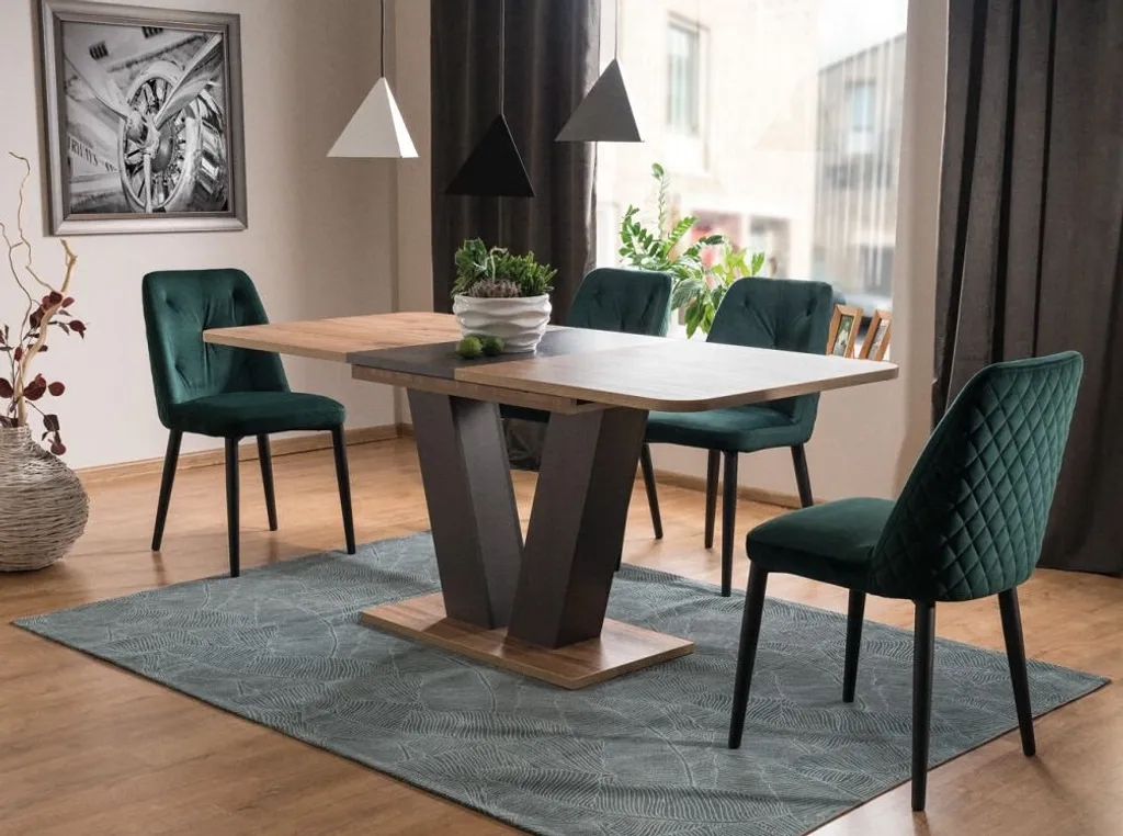 Table extensible OLEFIR finition chêne et marron avec allonge centrale