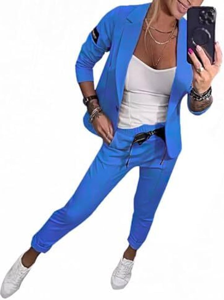 ASKSA Damen Lange aermel Zweiteiler Elegant Business Anzug Set Revers Buero Langarm Anzugjacke Blazer Hose 2-teilig Outfit Streetwear Freizeitanzug...