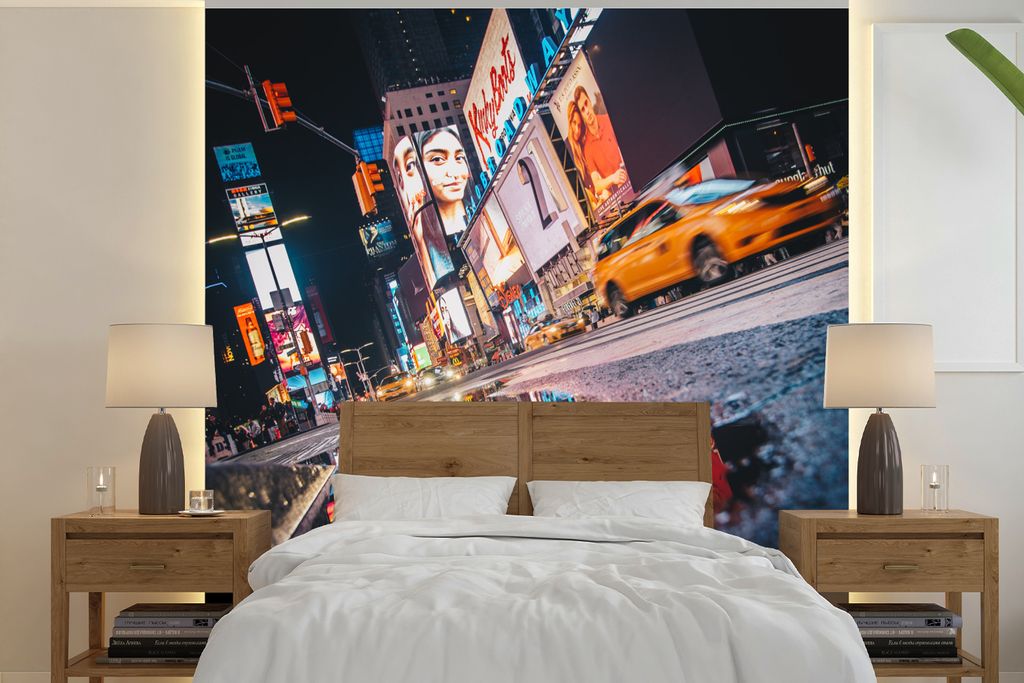 MuchoWow Fototapete für Wohnzimmer oder Schlafzimmer Wandtapete Vinyl Motivtapete New York - Nachdenken - Taxi - 220x220 cm - Tapeten