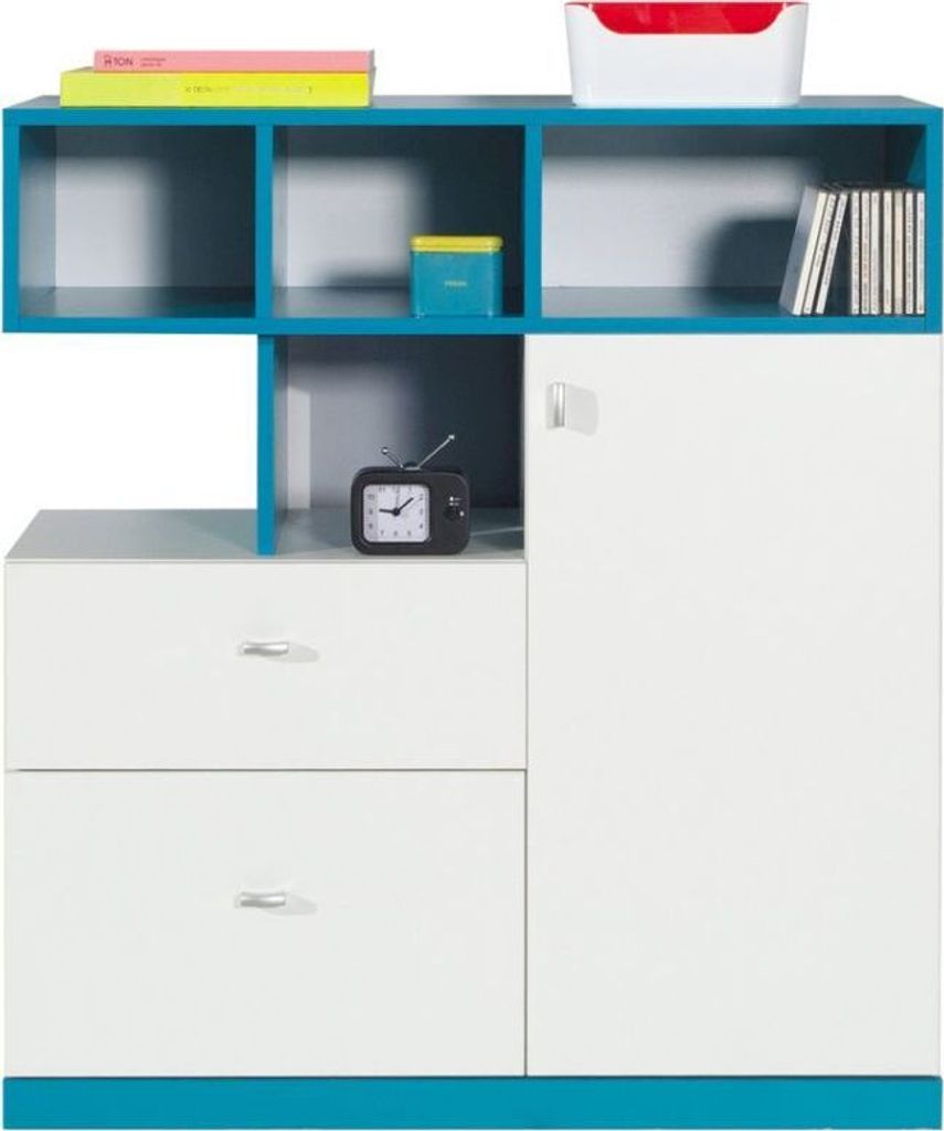 Jugendzimmer - Kommode "Geel" 09, Weiß / Türkis - Abmessungen: 100 x 90 x 40 cm (H x B x T)