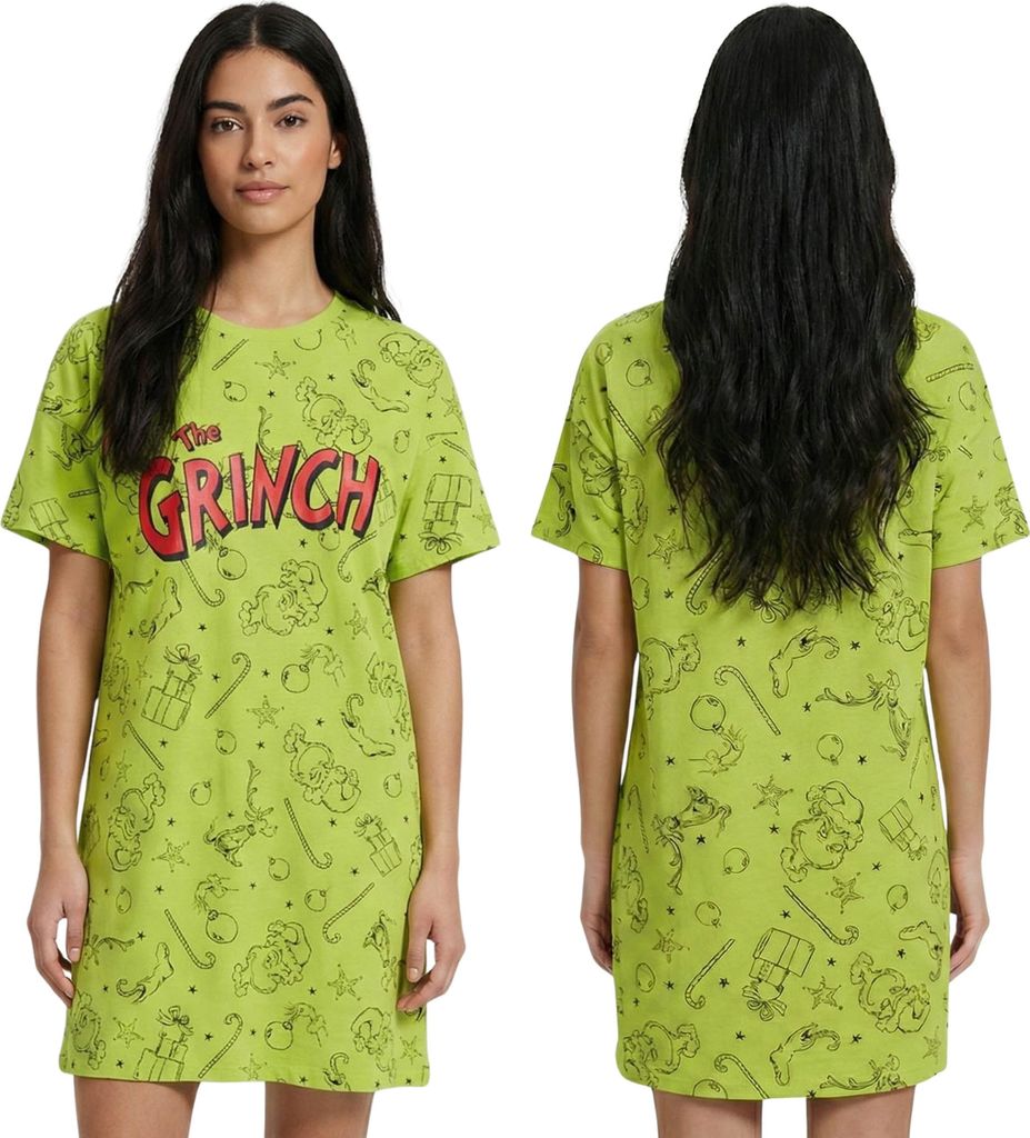 GRINCH – grünes Nachthemd für Damen, Baumwoll-Schlafshirt zu Weihnachten L