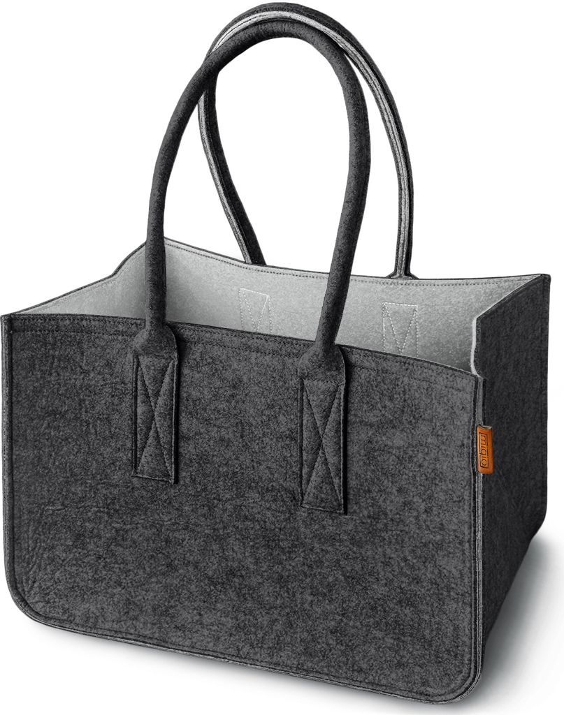 A dark gray felt shopping basket with orange tag on the side, shown against a white background.