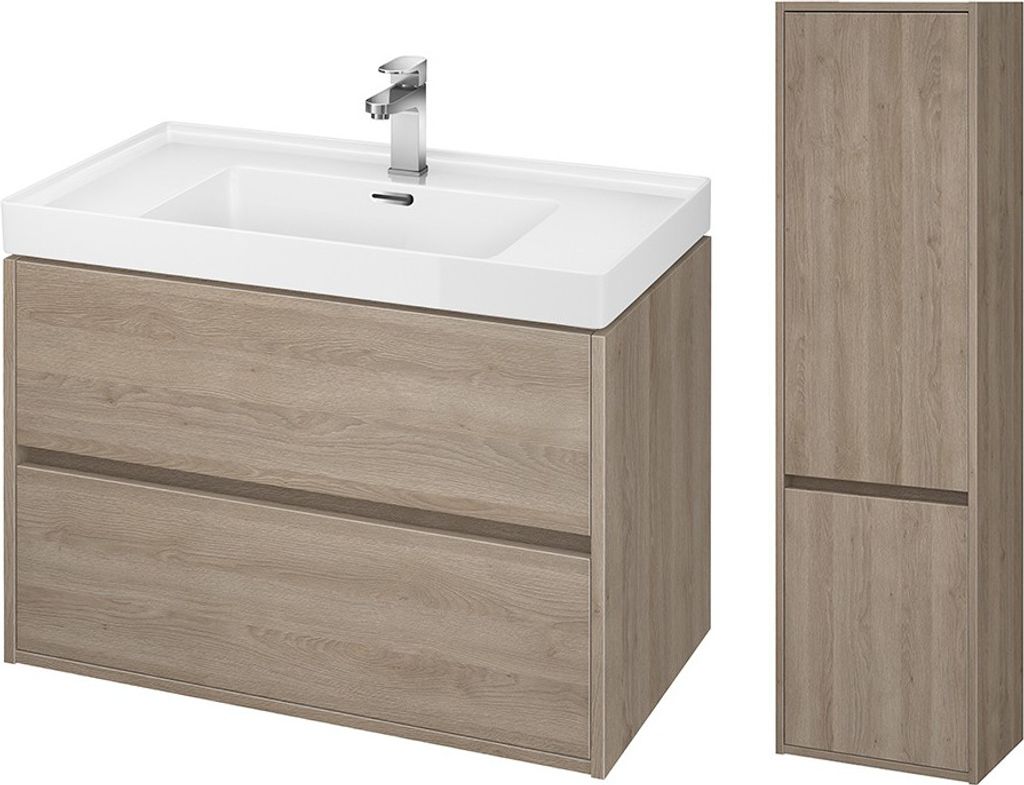 BADLAND Badmöbel Set CREA 80 Waschbecken-Unterschrank mit Hochschrank 140x40x25, 2-Türen, Eiche