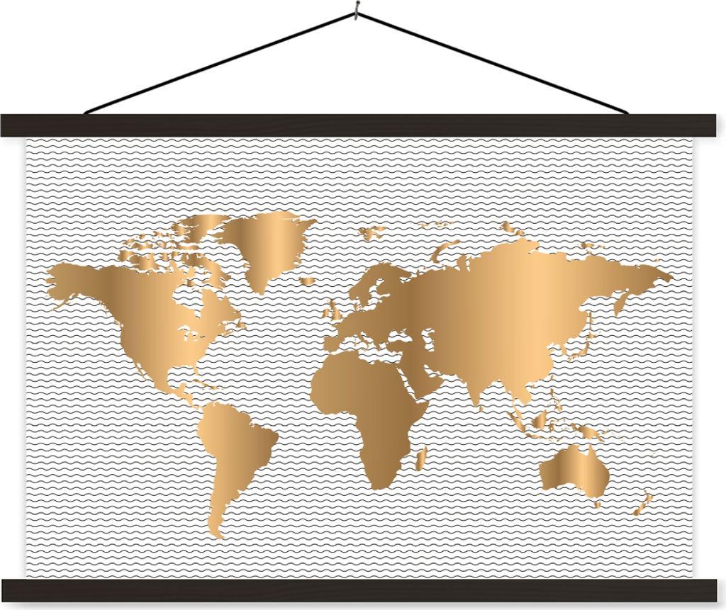 MuchoWow Textilposter Weltkarte - Gold - Muster - Kinder - Jungen - Mädchen 150x100 cm mit schwarzem Rahmen - Schlafzimmer