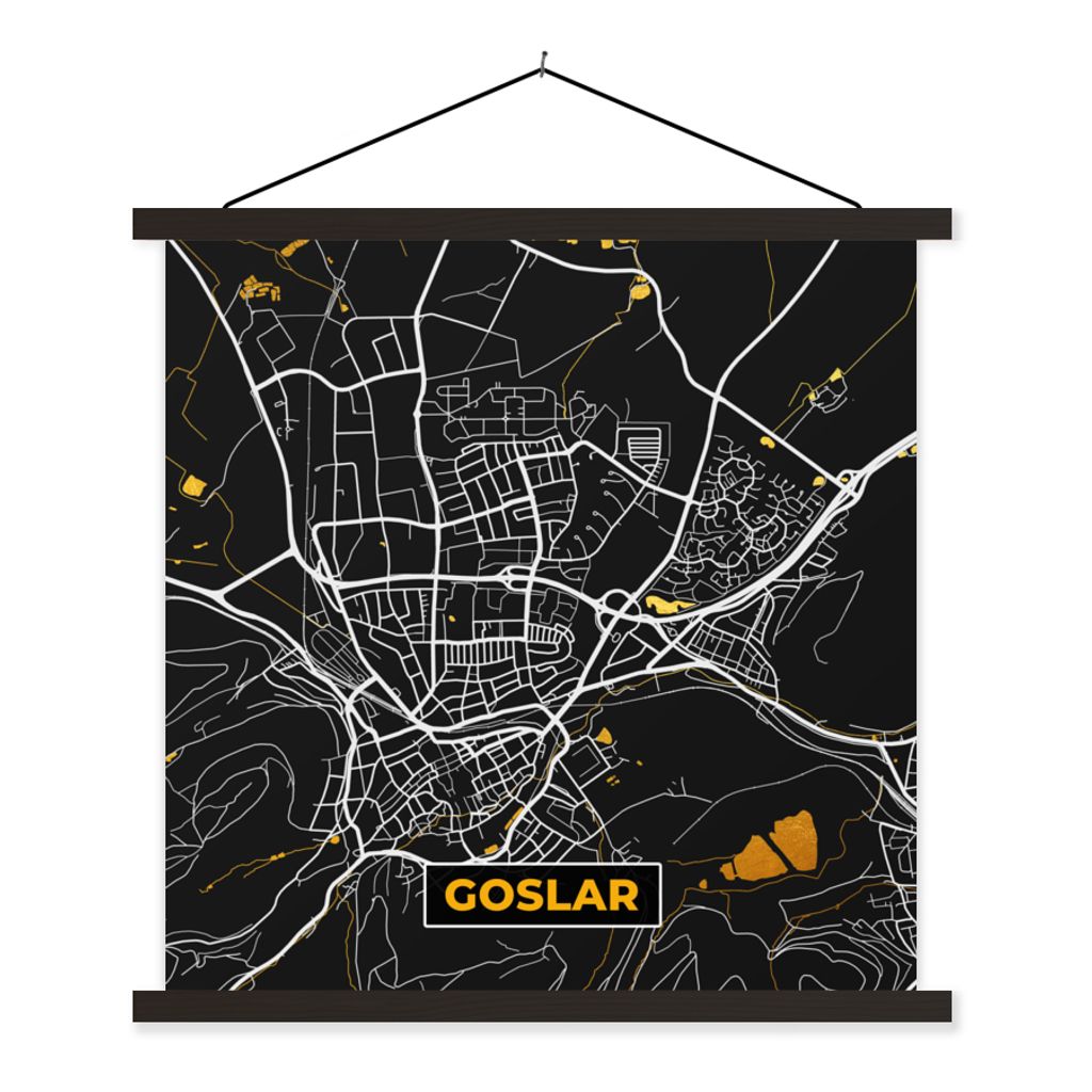 MuchoWow Textilposter Schwarz und Gold - Stadtplan - Goslar - Deutschland - Karte 120x120 cm mit schwarzem Rahmen - Aufhängungsset