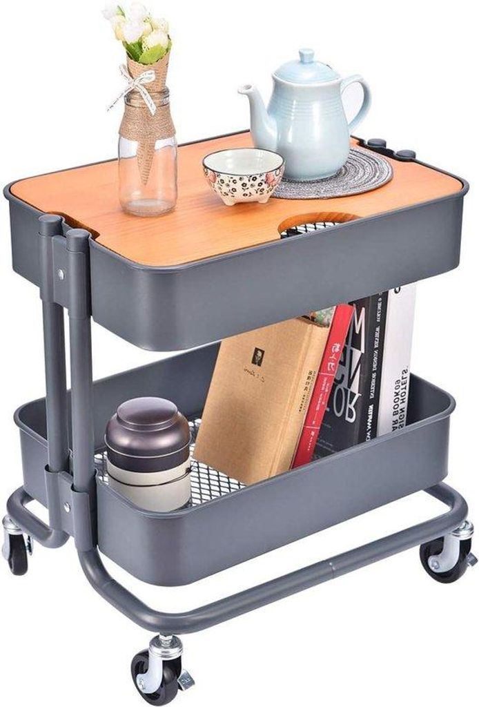 Metallischer Küchenorganisator - Dienstblattkar - Mit abnehmbarem Holzplatten - 45 x 35 x 49 cm - Dunkelgrau