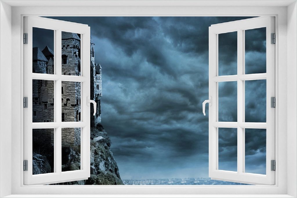 Wallario Poster mit Fenster-Illusion: Altes Geisterschloss, Größe: 100 x 150 cm