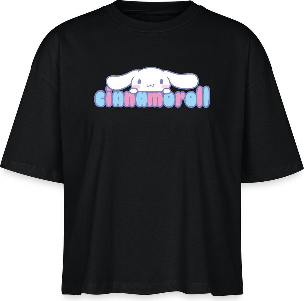 Spreadshirt Cinnamoroll Guckt Über Schriftzug Boxy Shirt Damen, L, Schwarz