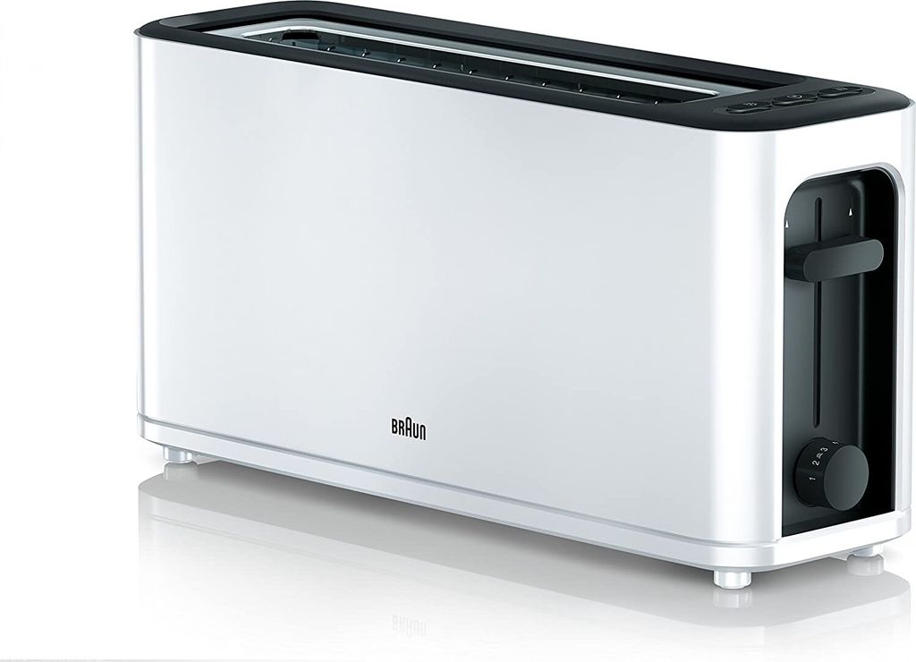 A white Braun toaster with black accents is shown against a white background. The toaster has a sleek, modern design.