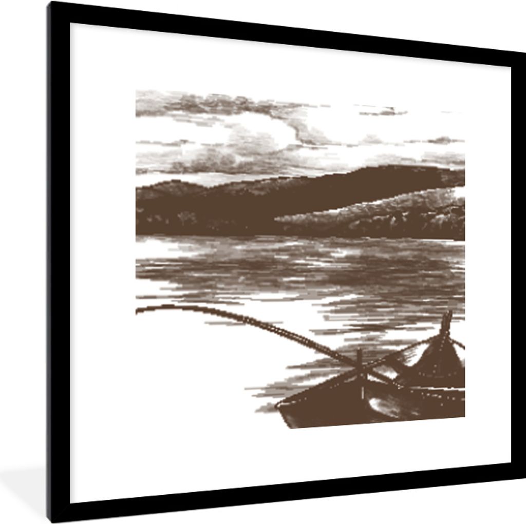 MuchoWow MuchoWow Gerahmtes Poster Boot - Meer - Angelrute 40x40 cm - Poster mit zchwarzem Bilderrahmen - Poster - Plakat im Rahmen