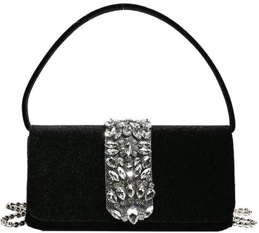 Pochette de soirée noire à strass et diamants avec bandoulière amovible