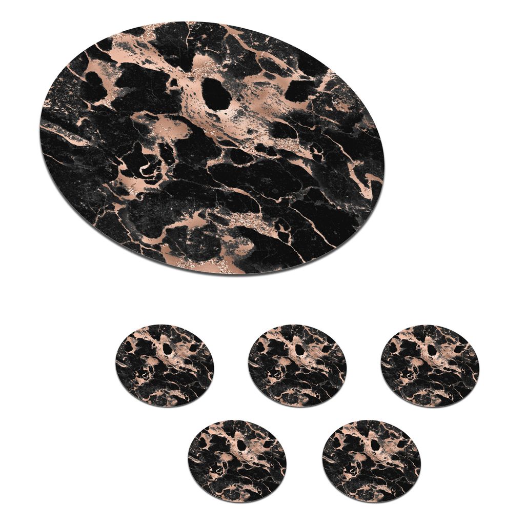 KitchenYeah Glasuntersetzer Rund 6er Set Marmor - Schwarz - Roségold 10x10 cm Untersetzer für Gläser - Getränkeuntersetzer - Tischplattensch...