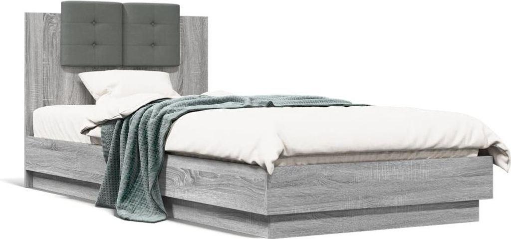 Design Bettgestell mit Kopfteil und LED-Leuchten Grau Sonoma 100x200cm, Klassische Betten 2024 Neu