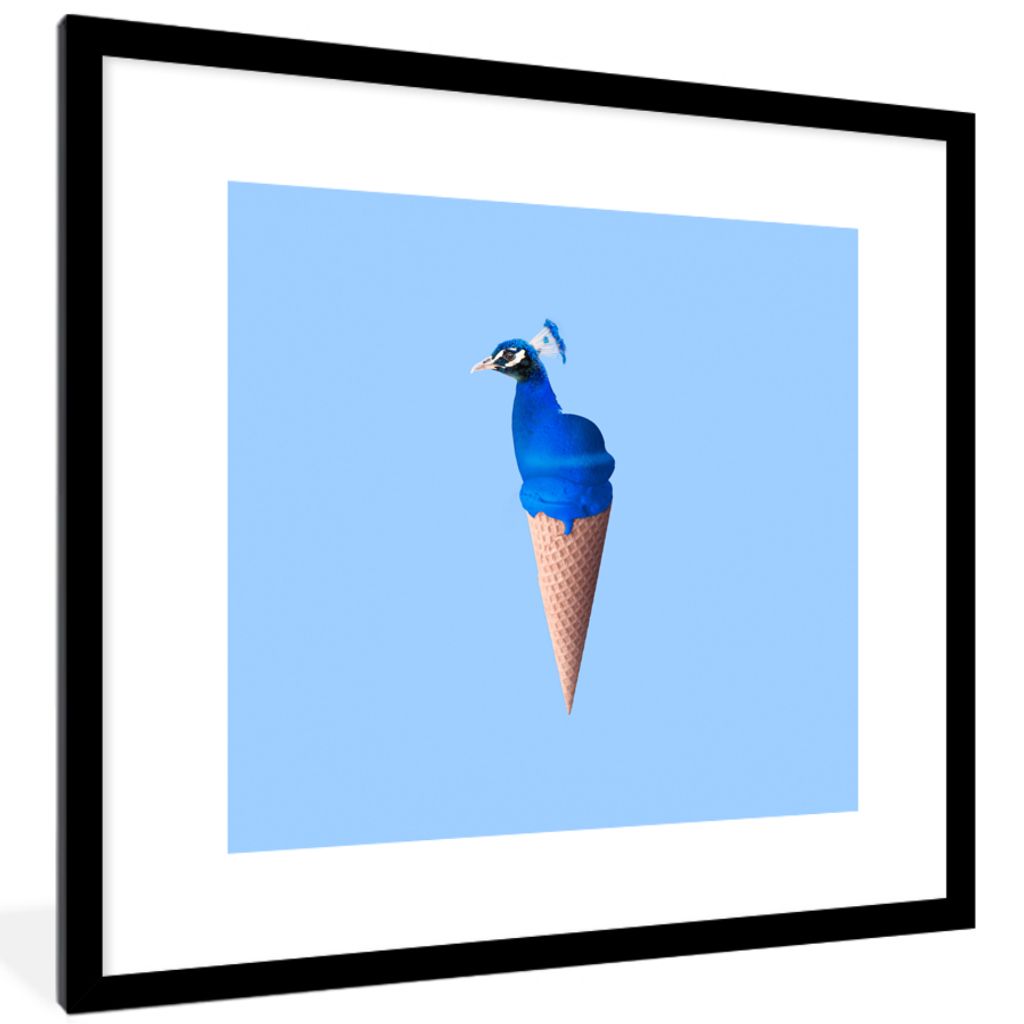 MuchoWow Gerahmtes Poster Pfau - Eistüten - Eiscreme - Blau - Vogel 40x40 cm - Poster mit Schwarzem Bilderrahmen Wandposter Rahmen Foto Bilder -...