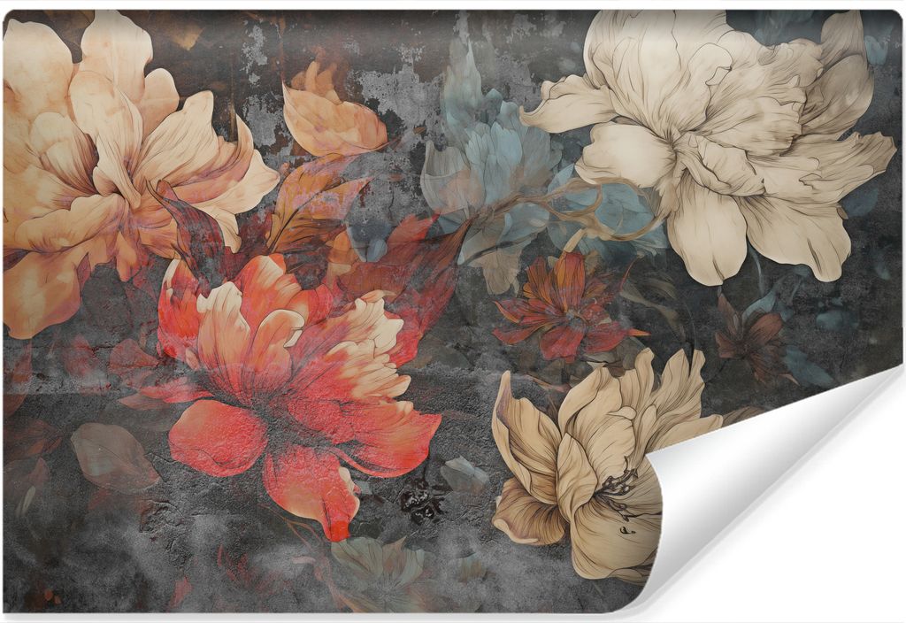 Muralo Vlies Fototapete BLUMEN Blätter Pflanzen Beton Vintage 90 cm x 60 cm