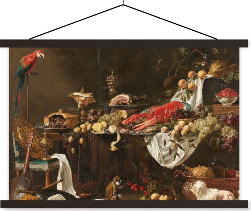 MuchoWow Textilposter Stilleben im Druck - Adriaen van Utrecht - Ölfarbe 60x40 cm mit schwarzem Rahmen - Hölzernes
