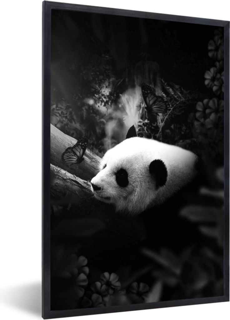 MuchoWow Gerahmtes Poster Panda mit Schmetterlingen im Dschungel - schwarz und weiß 40x60 cm - Poster mit Schwarzem Bilderrahmen Wandposter Rahm...