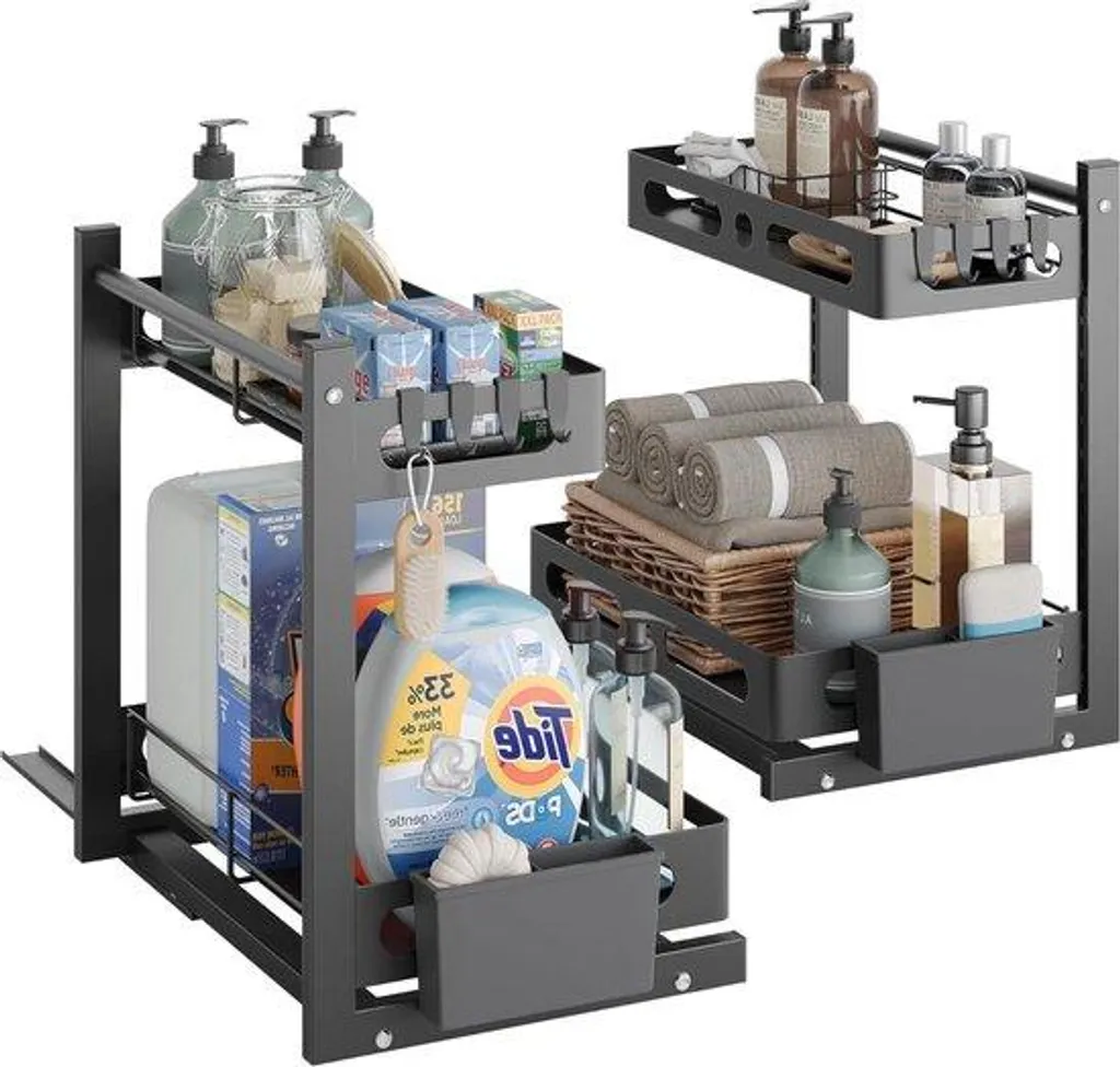 Rangement de cuisine sous évier 2 niveaux avec tiroirs de stockages noir