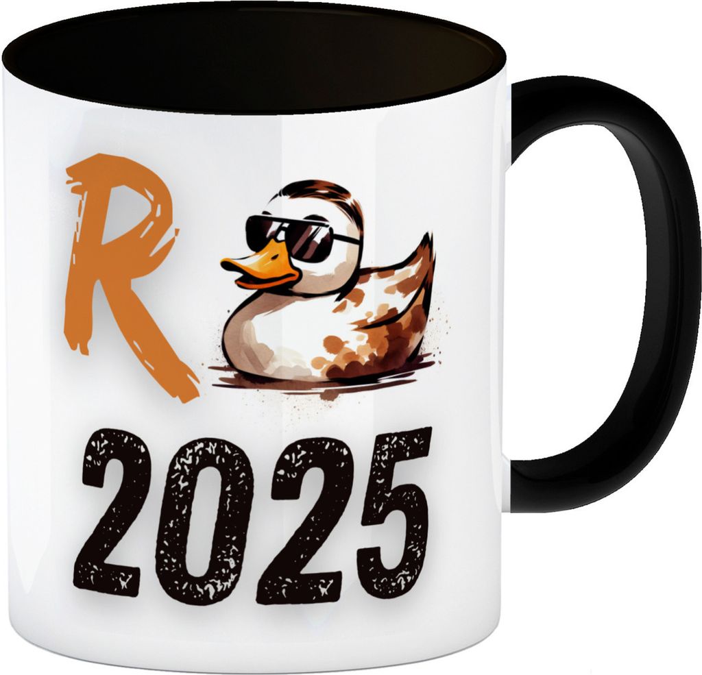 Ente mit Sonnenbrille Kaffeebecher in schwarz mit Spruch Rente 2025