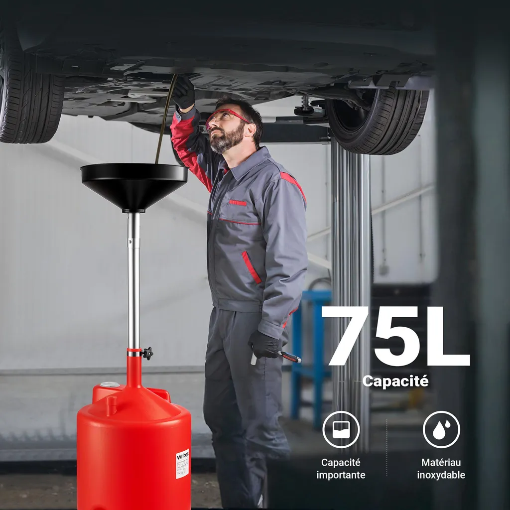 Wiltec Carrello Raccogli Olio 75L Professionale - Altezza Regolabile - 10