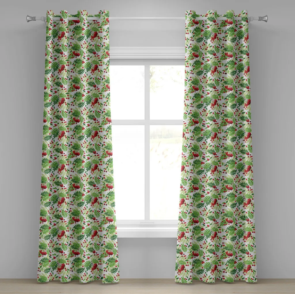 ABAKUHAUS Tenda con occhielli in sorbo, foglie verdi Wild Mountain Frutti Raceme motivo stagionale continuo, tende decorative a 2 pannelli, 280 cm x 245 cm, verde mela verde felce