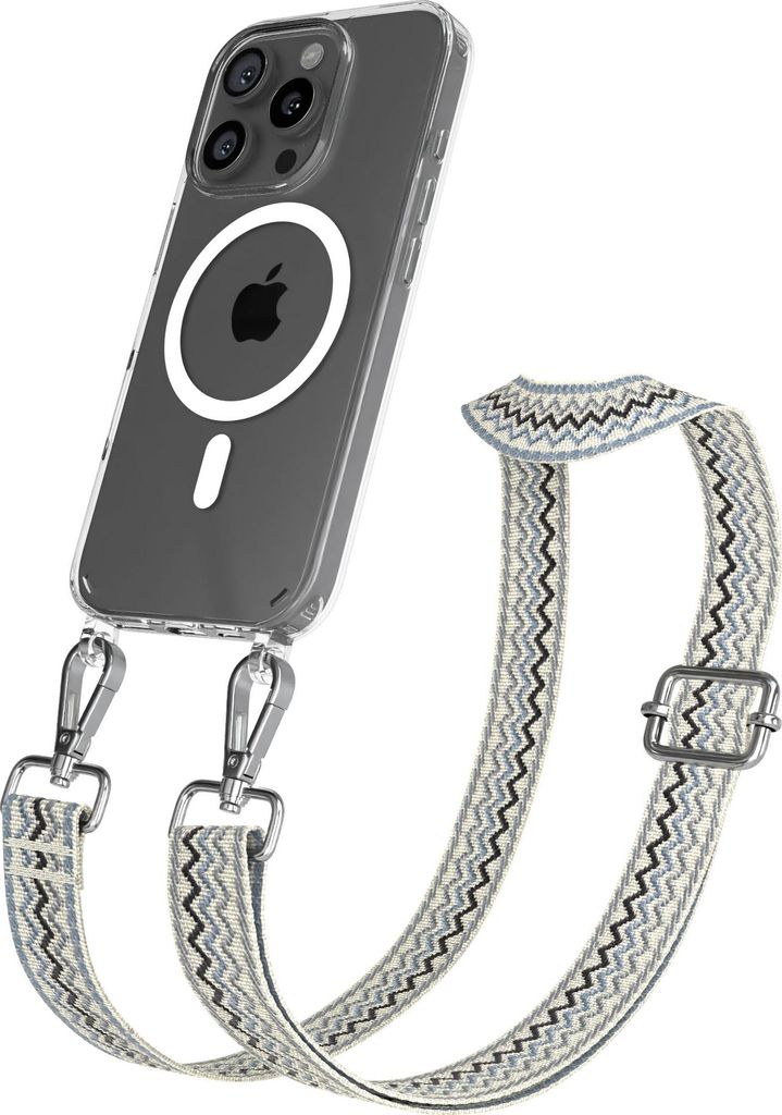 EAZY CASE - Handykette mit MagSafe Hülle für Apple iPhone 16 Pro, Handyband Wave Style, Karabiner Silber, Umhängeband in Beige