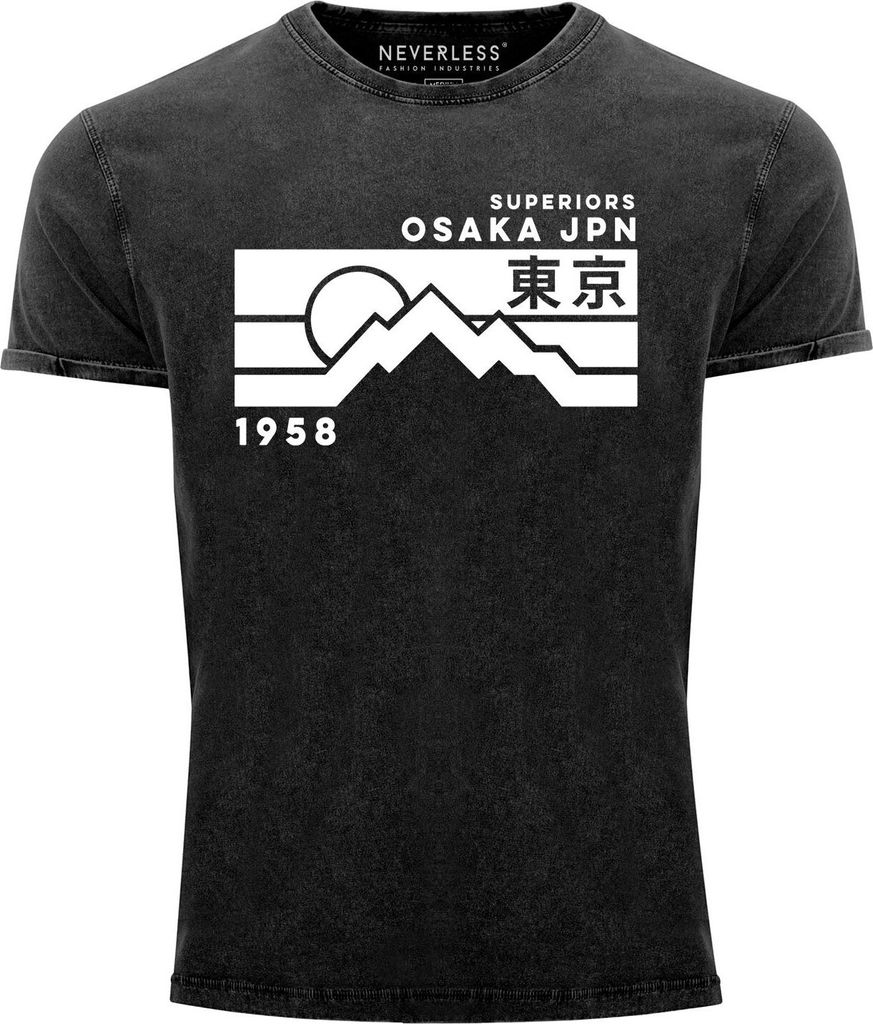 Herren Vintage Shirt Osaka Japan Superiors Mountain Retro Design Printshirt Used Look Slim Fit Neverless schwarz XXL