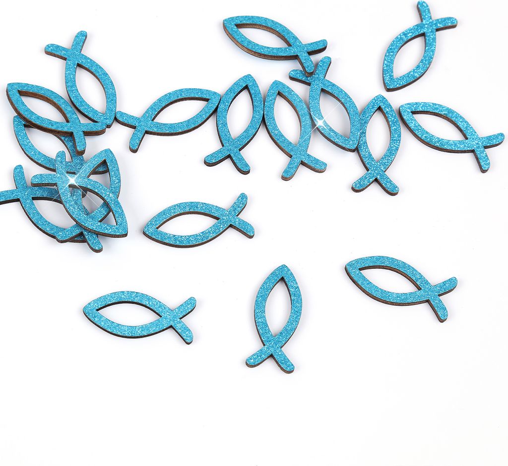 Oblique Unique 18 Holz Fische Glitzernd als Streudeko für Taufe Kommunion Konfirmation Deko - Echtholz türkis