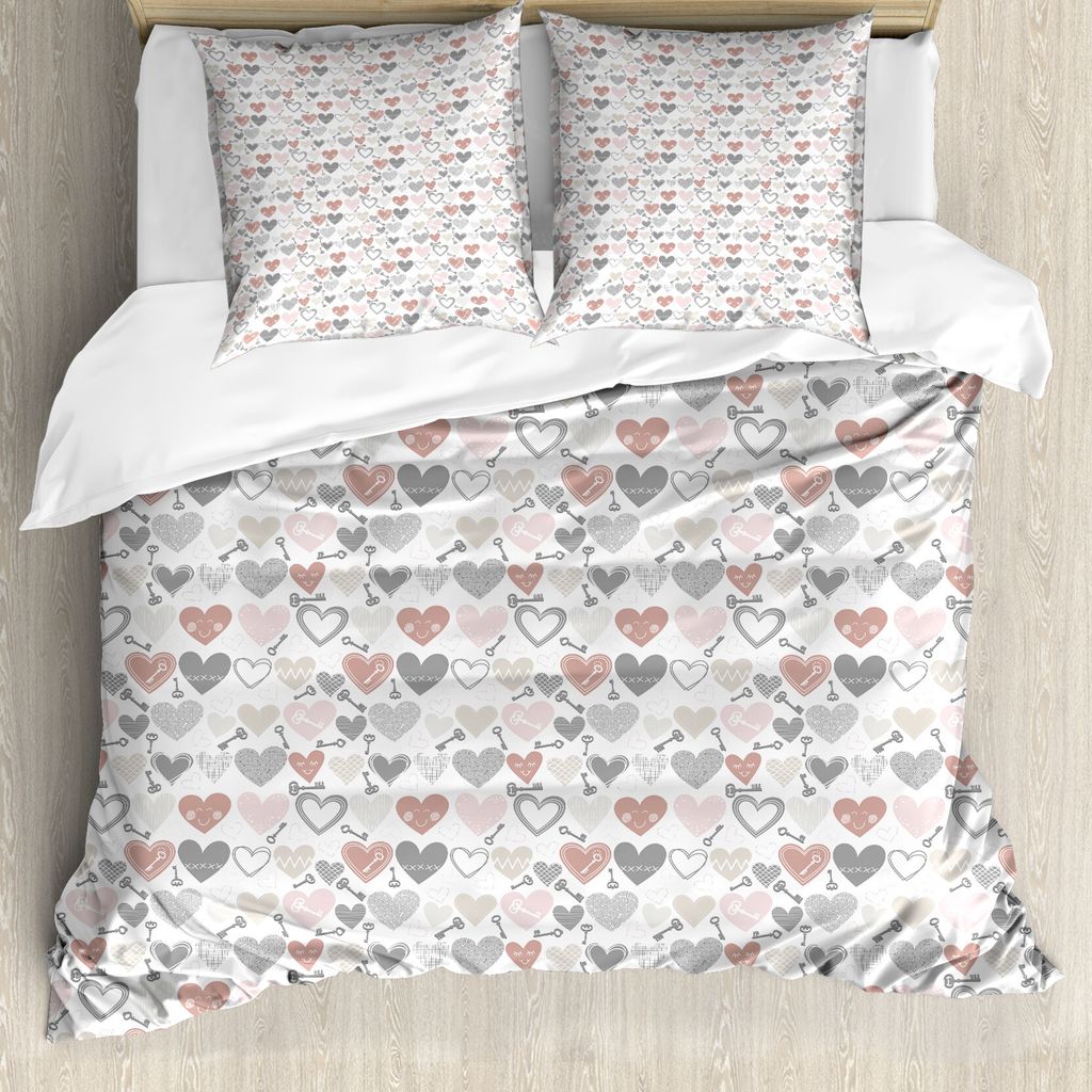 ABAKUHAUS Valentinstag Bettbezug Set für Einzelbetten, Herzen und Schlüssel, Milbensicher Allergiker geeignet mit Kissenbezug, 155 cm x 220 cm - ...