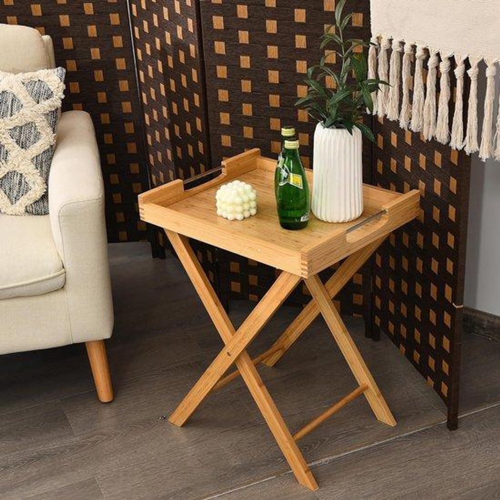 Bamboo-Tisch, inklappbar, mit integrierten Metallgriffen, tragbarer Garten-Tisch mit abnehmbarem Serviertisch, 47 x 38 x 58,5 cm