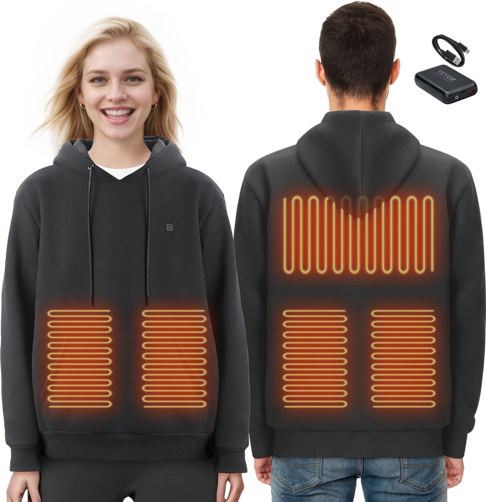 Beheizbares Hoodie Kapuzenpullover Heizjacke USB Beheizt Unisex L Schwarz