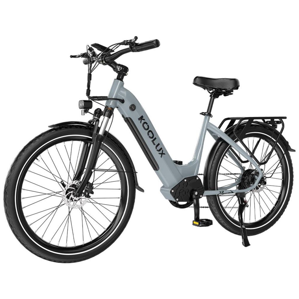 A studio shot of a gray electric bicycle against a white background.