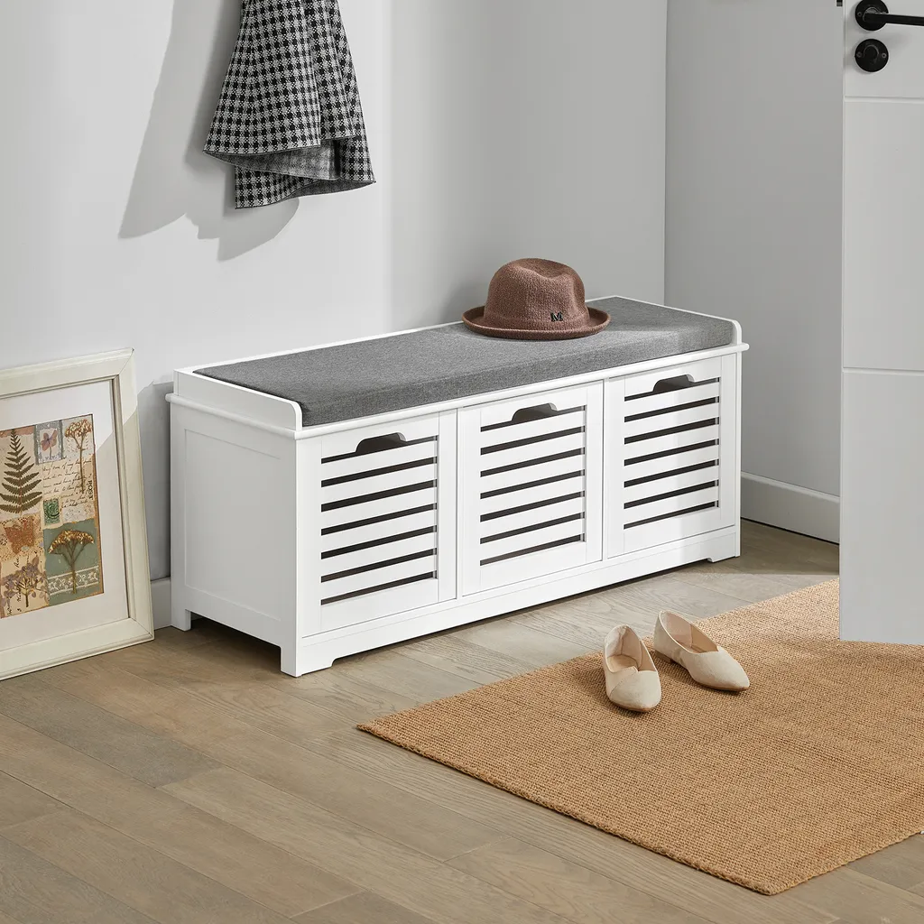 Meuble à chaussures avec assise rembourrée et 3 paniers gris amovibles
