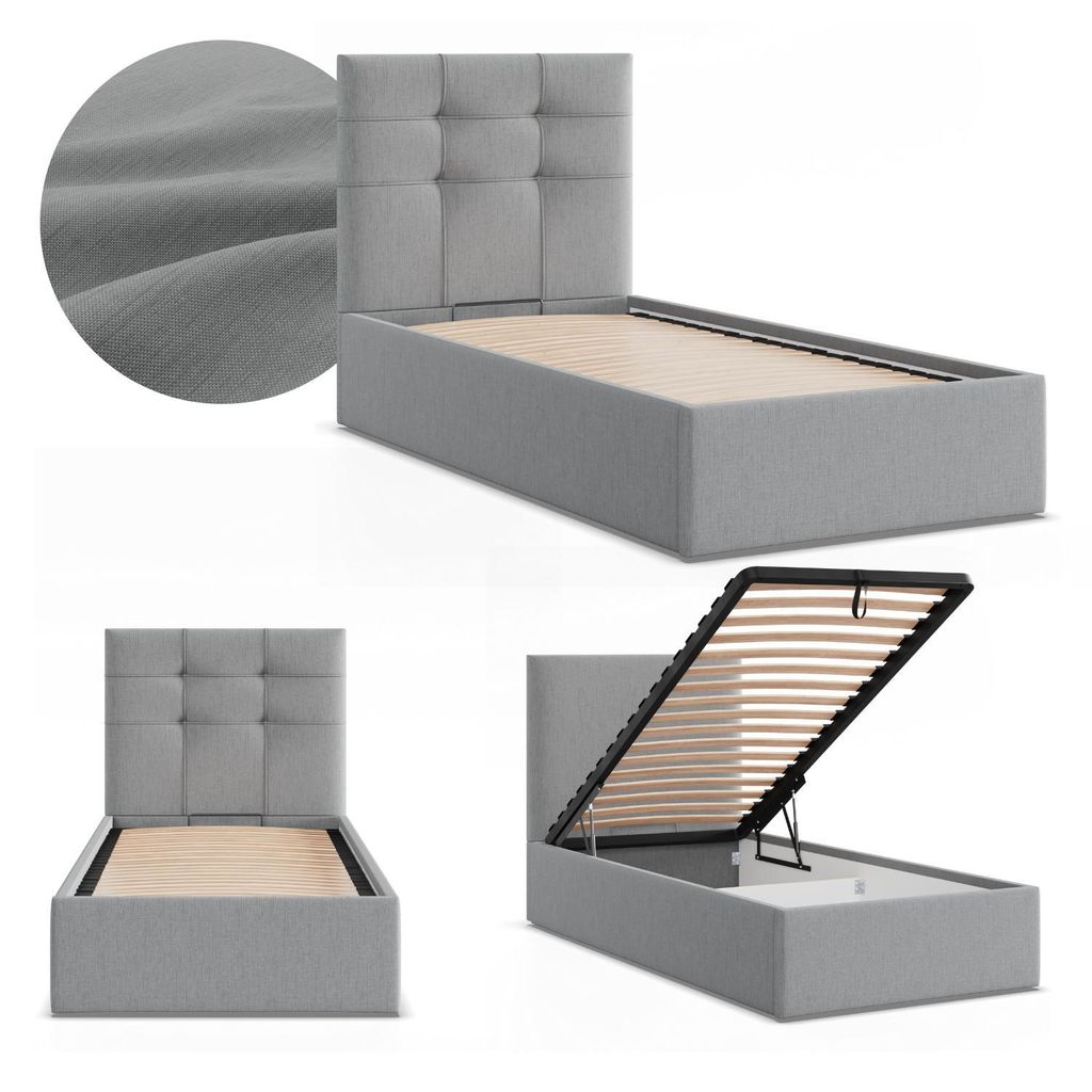 Polsterbett SORIA 90x200 mit Bettkasten und hochklappbarem Metall-Lattenrost, Einzelbett Grau Geflecht