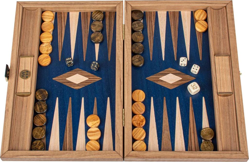 Manopoulos Premium Backgammon Set – Amerikanischer Nussbaum & Perlmutt-Design – Handgefertigt 30 x 20 cm.