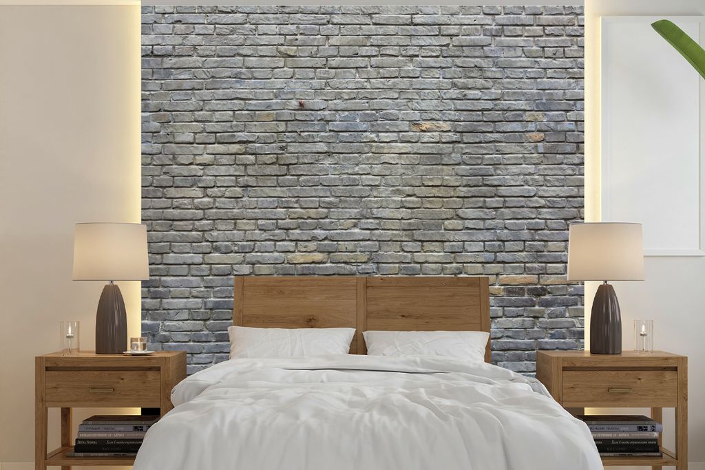 MuchoWow Fototapete für Wohnzimmer oder Schlafzimmer Wandtapete Vinyl Motivtapete Wand - Ziegel - Grau - 350x350 cm - Schlafzimmertapete