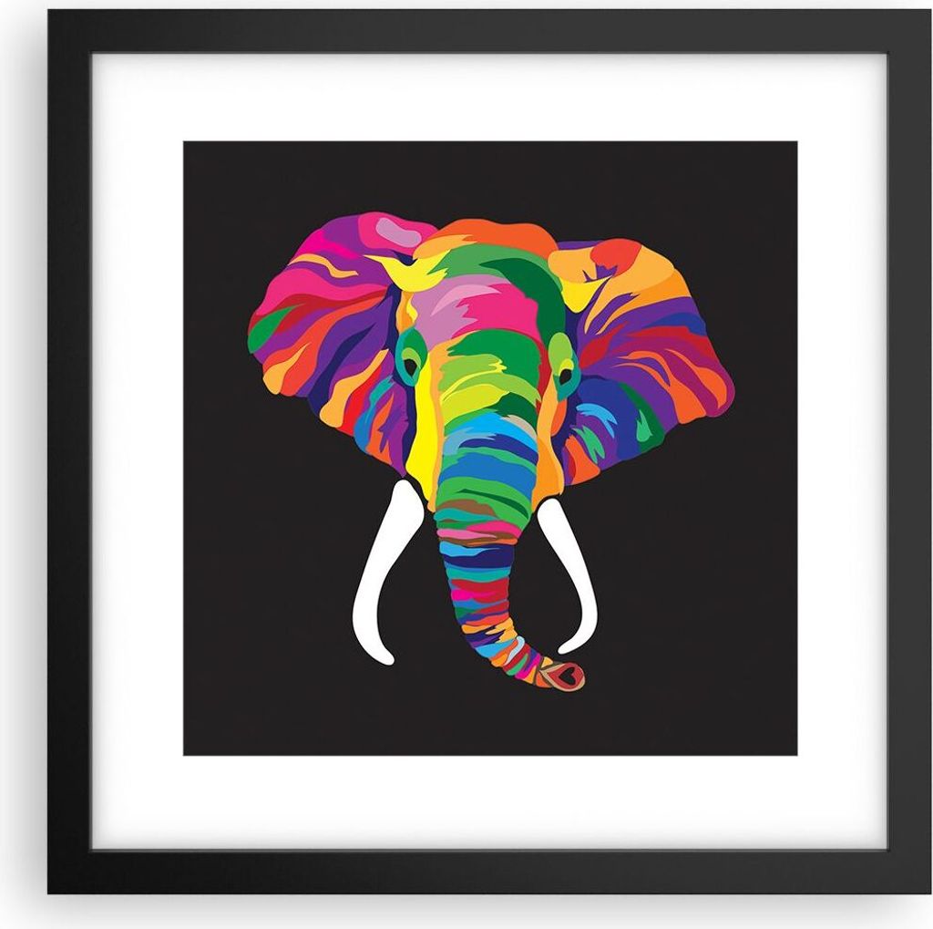 Gerahmtes Poster - Schwarzer Rahmen - Elefant spaß bunt tier - 30x30 cm - Wand Bild - Wanddeko - Wandbilder - Kunstposter - Wandposter - Bilderrah...