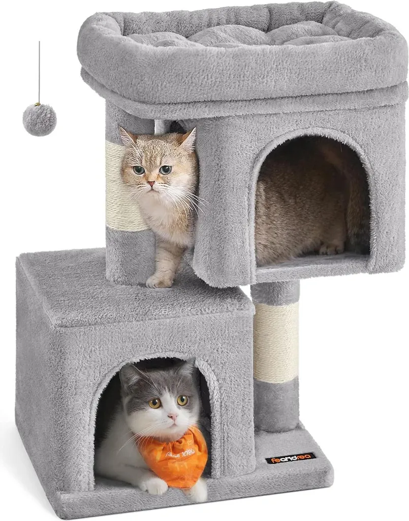 Arbre à chat 67cm Gris avec tiges en sisal naturel et niche douillette