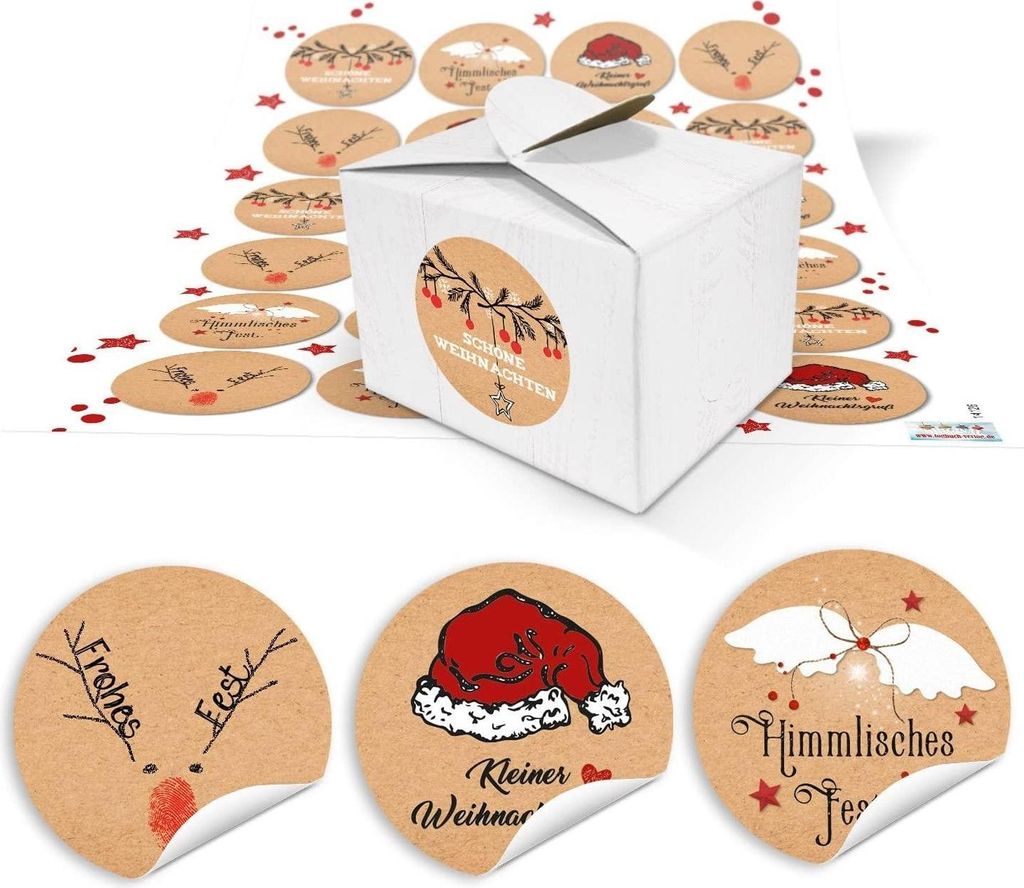 24 kleine weiße Geschenkboxen Geschenkschachteln 8 x 6,5 x 5,5 + 24 runde Weihnachts-Geschenk-Aufkleber in rot weiß schwarz braun mit Grüßen ...