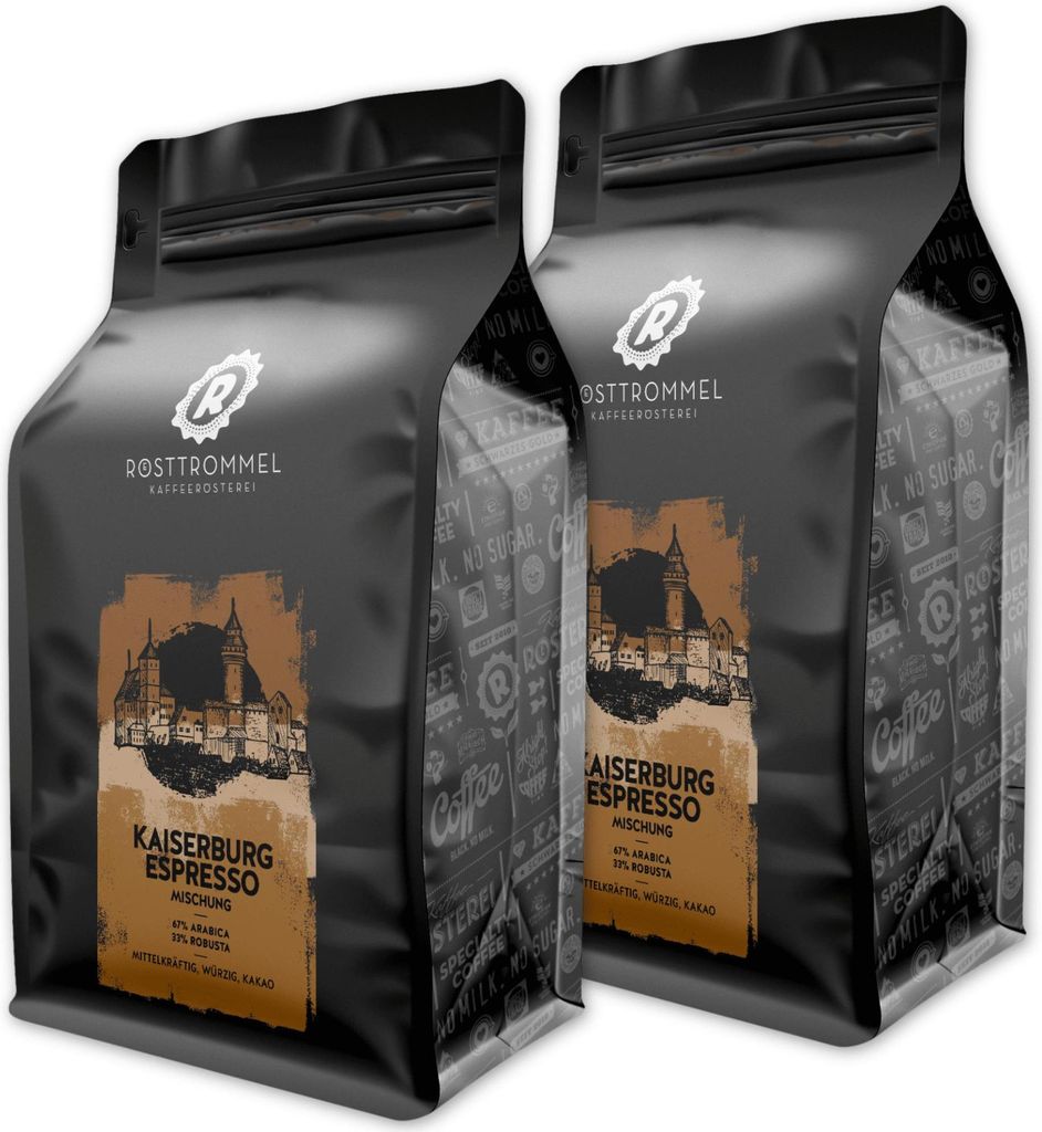 RÖSTTROMMEL Kaiserburg, ESPRESSO, Ganze Kaffee-Bohnen 2x1kg, 80% Arabica, 20 % Canephora, Röstung 7/10, 80% Brasilien, 20% Indien, Geschmack: Sch...