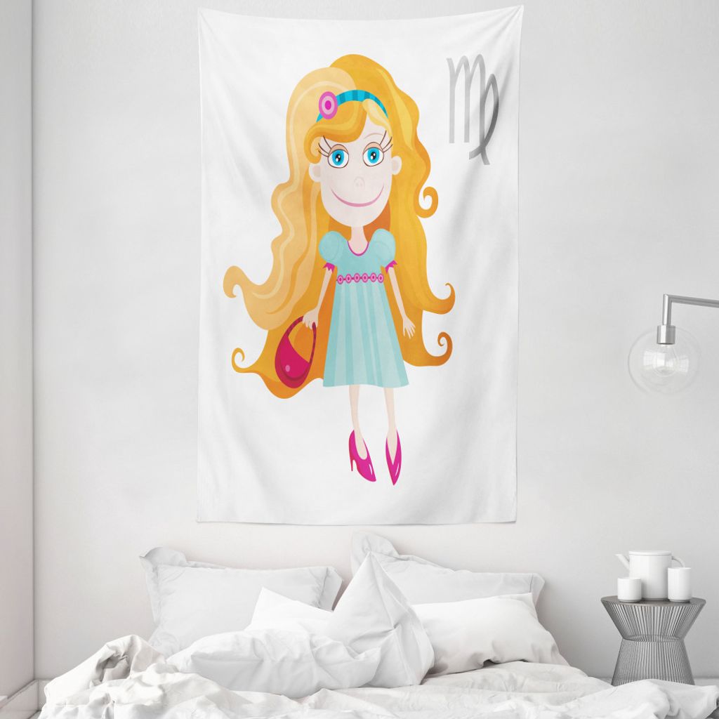 ABAKUHAUS Sternzeichen Jungfrau Wandteppich und Tagesdecke, Karikatur-Mädchen aus Weiches Mikrofaser Stoff Waschbar ohne Verblassen Digitaldruck, ...