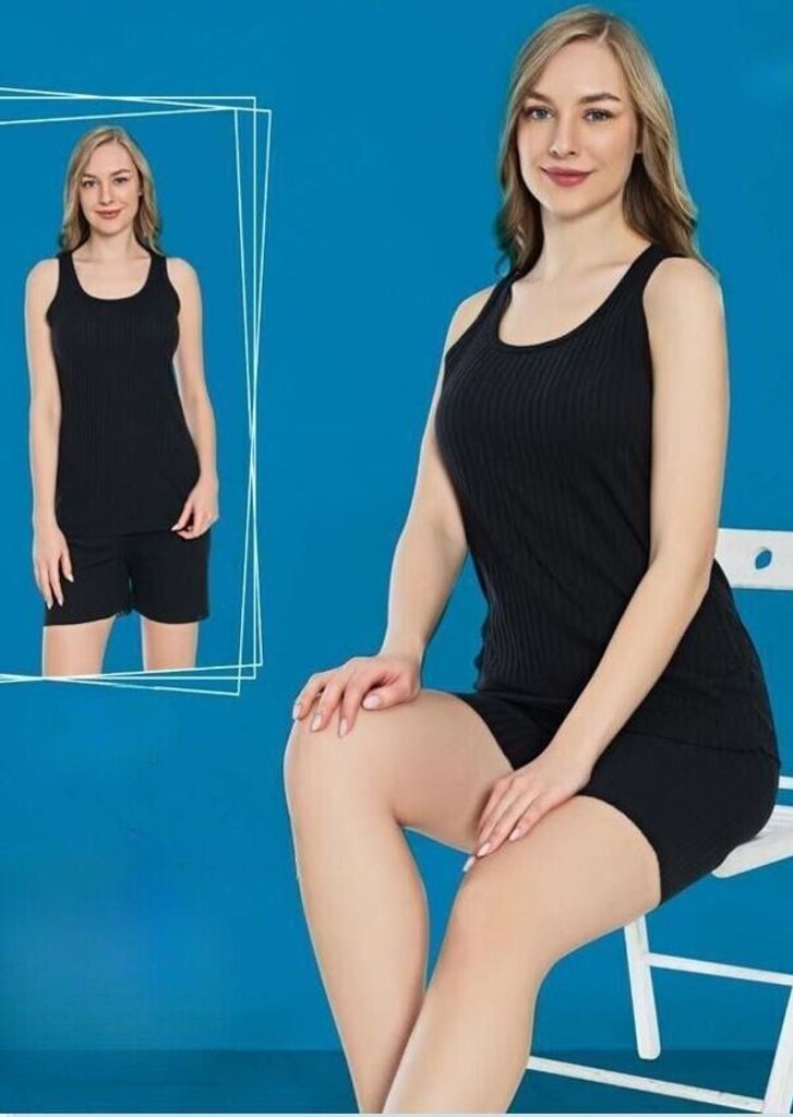 Damen Pyjama Schwarz S Shorty Kurz 2-Teiler Set Baumwolle C-84