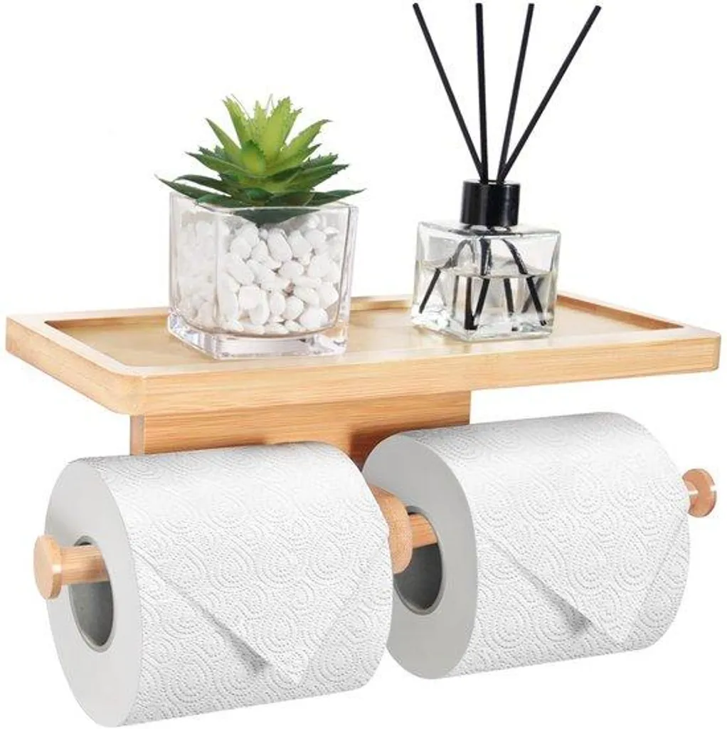 Porte-rouleau de toilette en bambou double - Fixation sans perçage